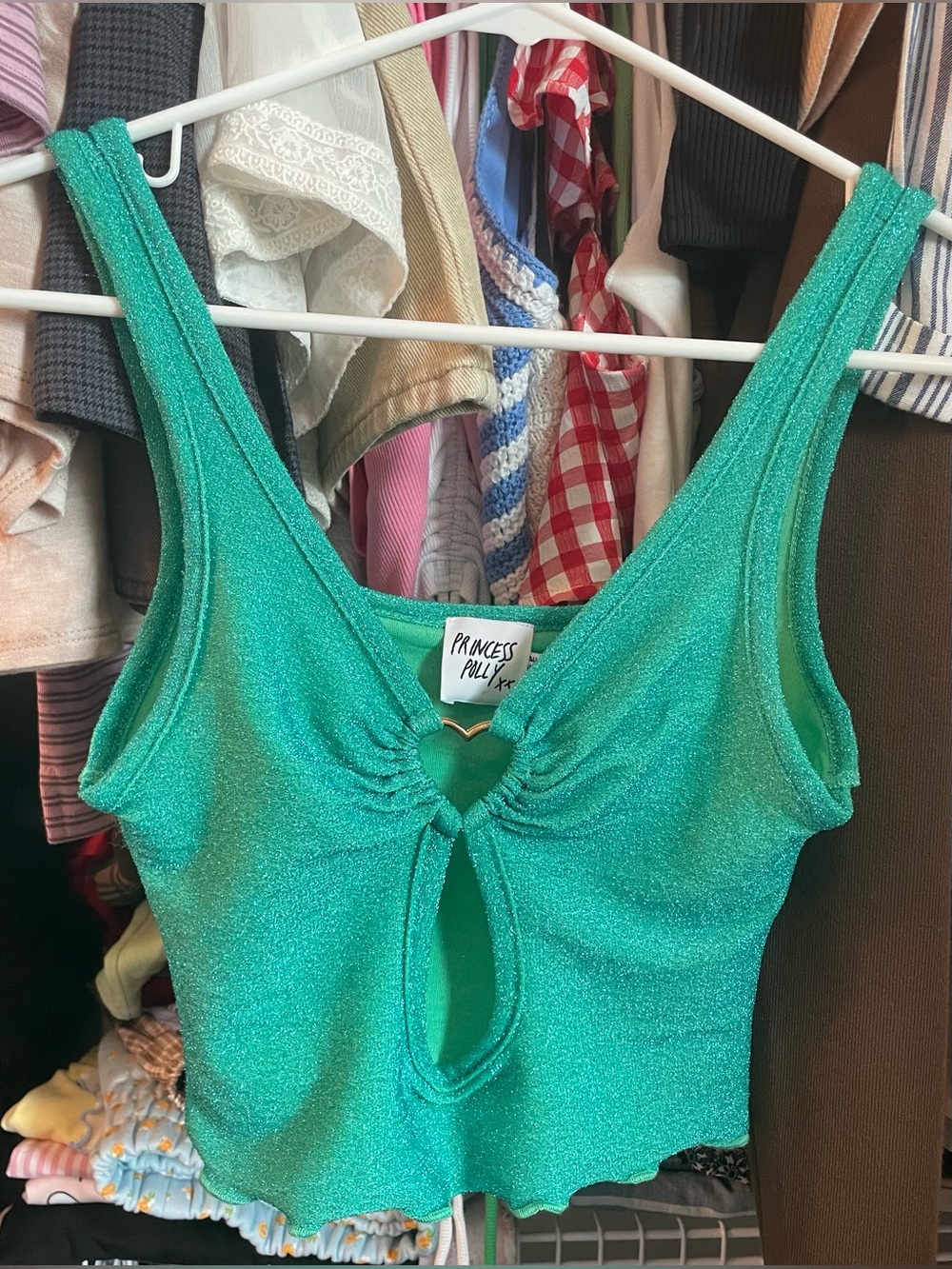 Princess Polly Shimmer Teal Heart-Cut Crop Tank Top